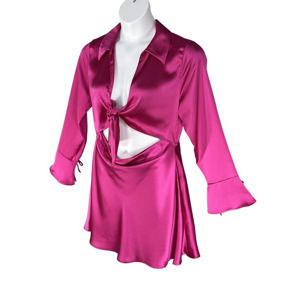 Zara XL NWT Blogger Favorite Pink Satin Cut Out Mini Dress Bell Sleeves Coquette - Picture 5 of 16
